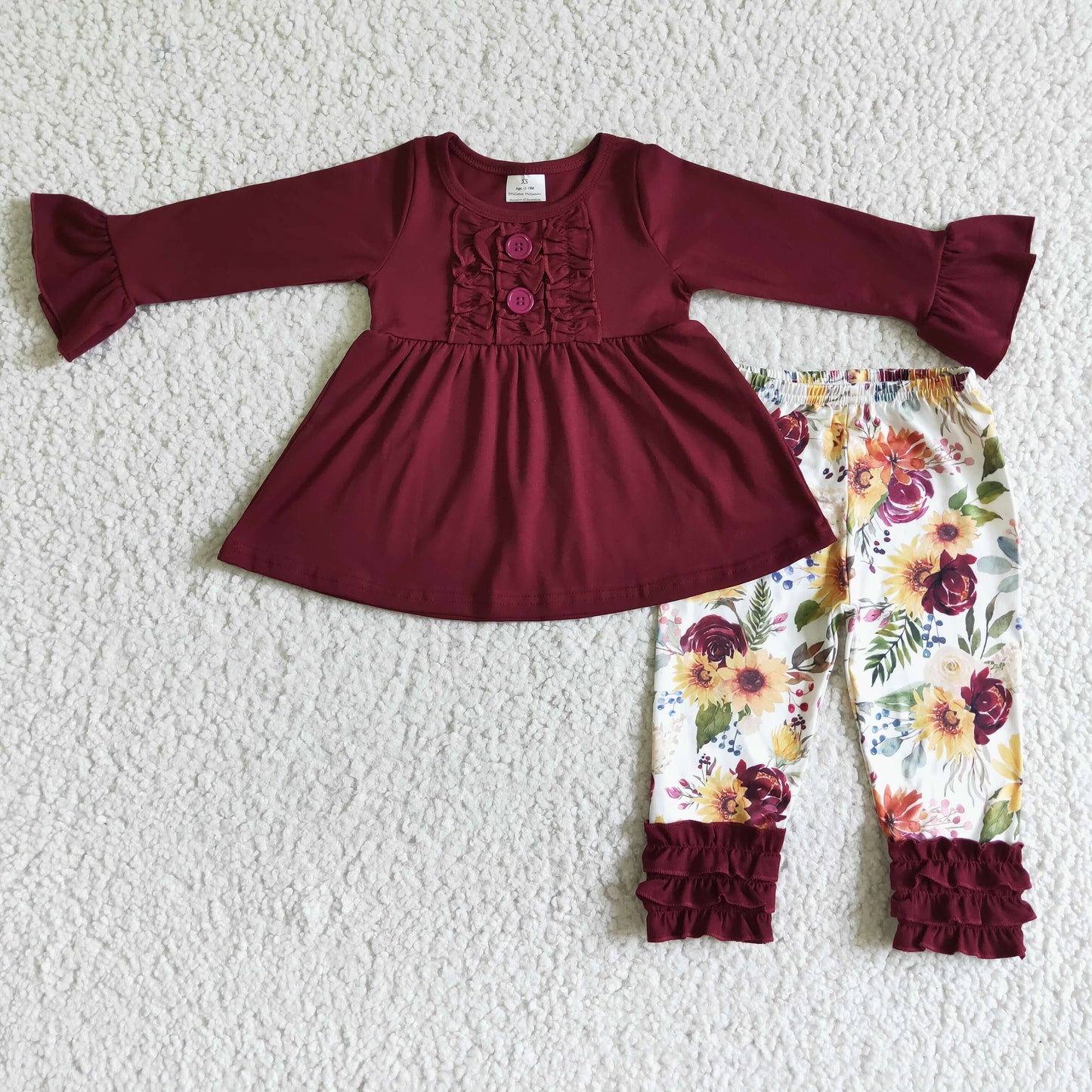 GLP0015   Girls Flower Button Red Long Sleeve Lace Trousers Suit