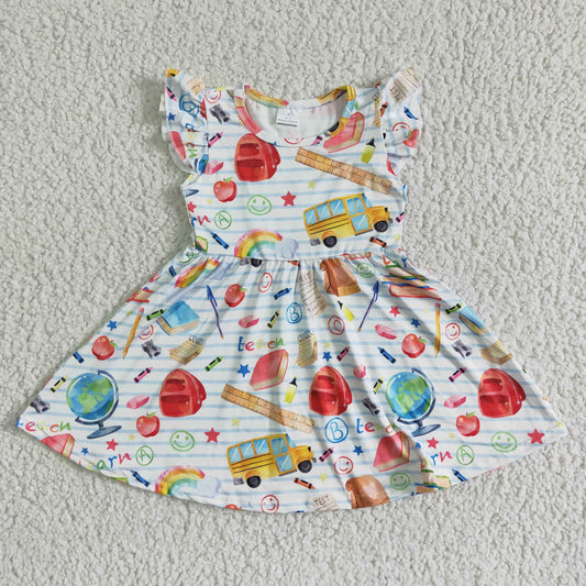 GSD0085  School Supplies School Bus Print White Short Sleeve Dress