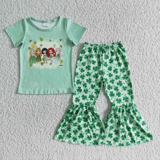 B10-2 Little girl graphic print green short-sleeved top with four-leaf clover flared pants