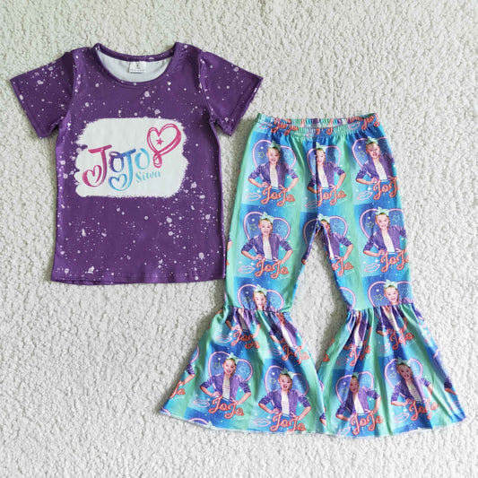 B9-23 Purple letter print short-sleeved top with little girl girl print flared pants