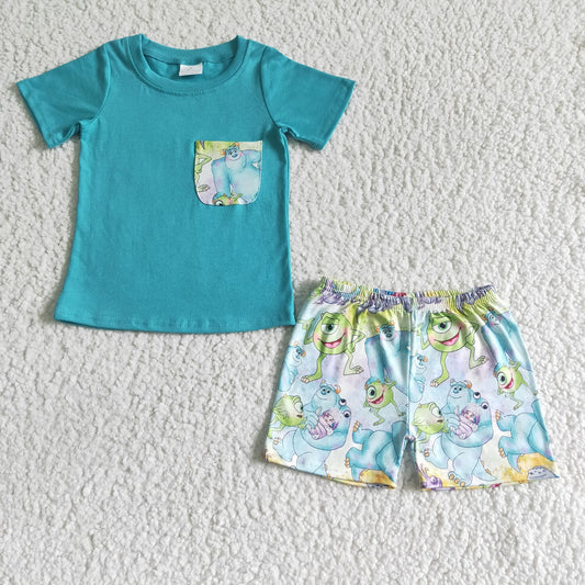 BSSO0021 Green Short Sleeve Top with Pockets with New Anime Movie Character Print Shorts