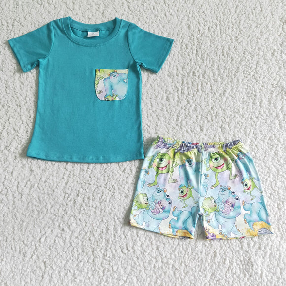 BSSO0021  Green Short Sleeve Top with Pockets with New Anime Movie Character Print Shorts