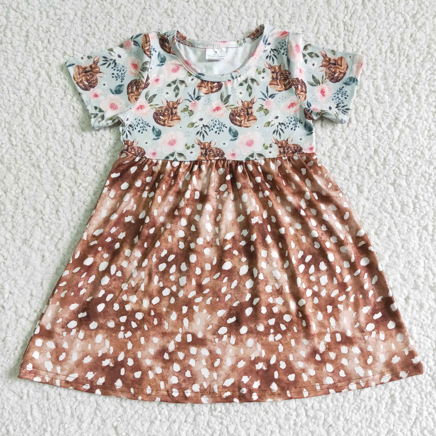 GSD0035   Summer girls' new deer pattern print stitching brown spot pattern print dress