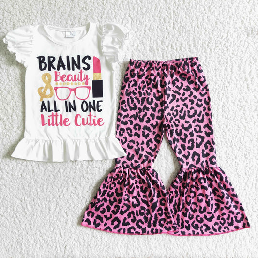 GSPO0079     Girls BRAINS glasses lipstick short-sleeved trousers set