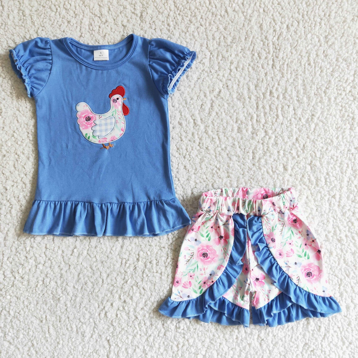 GSSO0020  Cute chick print blue short-sleeved top with floral shorts