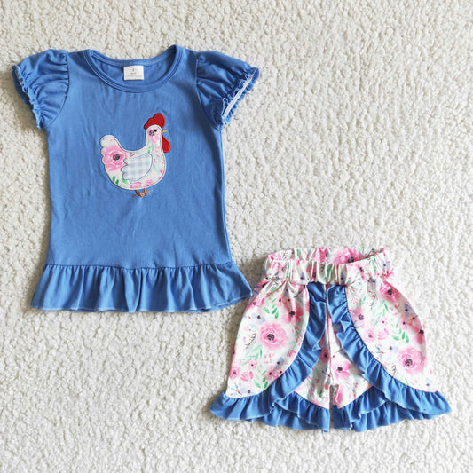 GSSO0020  Cute chick print blue short-sleeved top with floral shorts