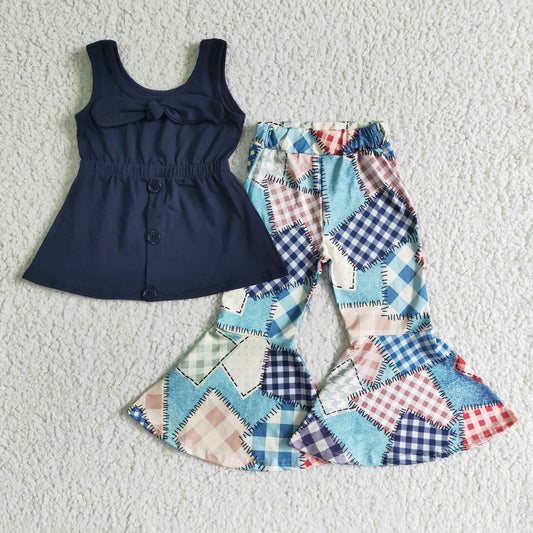 D9-30  Girls Sleeveless Top Checkered Stripe Patch Flared Pants
