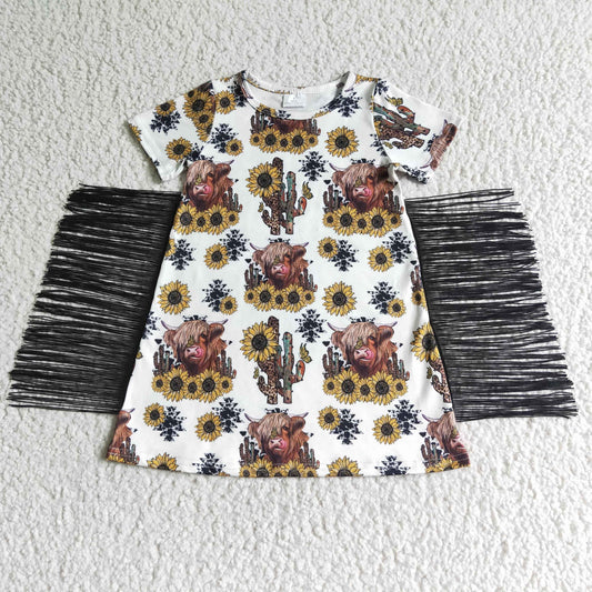 GSD0084 Girls Alpine Cow Cactus Sunflower Fringe Short Sleeve Dress