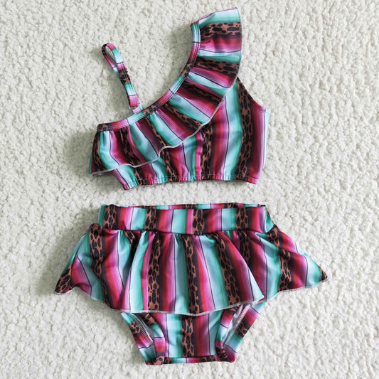 S0022   Two-piece swimsuit with colorful stripes and leopard print