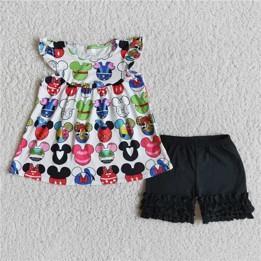 RTS hot sale popular baby girls summer cute baby wear black short sleeve shirt children lovely kids boutique outfits fashion design sets