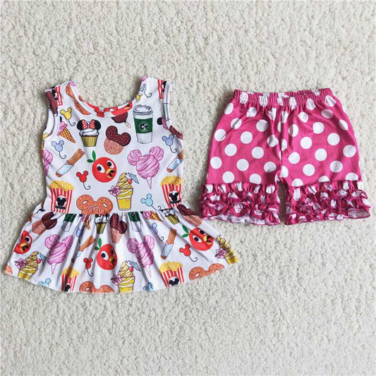 RTS Baby girls summer short sleeve tee shirt ruffle top cartoon design children kids boutique outfits fashion design sets