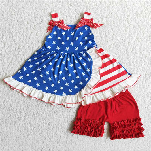 RTS Baby girls summer short sleeve tee shirt ruffle top 4th of july stars design children kids boutique outfits fashion design sets