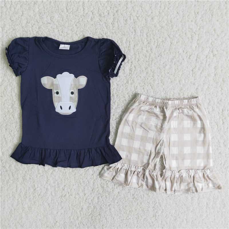 RTS new arrive girls clothes navy blue cow cute girl summer wear kids clothing sets lovely toddler baby girl outfit