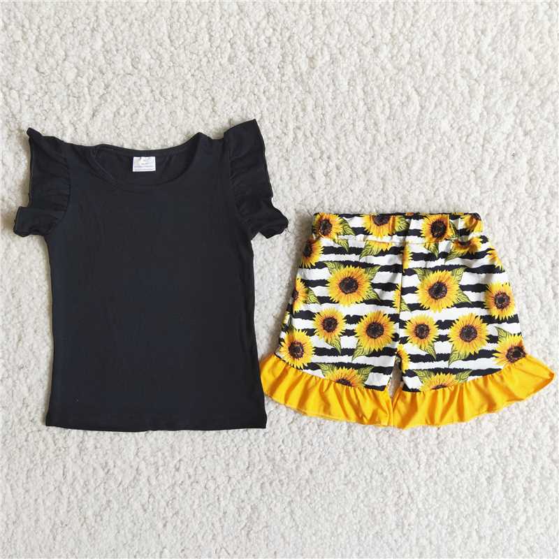 RTS Baby girls summer black short sleeve tee shirt sunflower shorts children kids boutique outfits fashion design sets