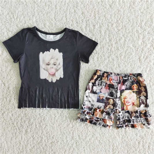 RTS New Arrived Baby girls summer black short sleeve tee shirt children kids boutique outfits fashion design sets