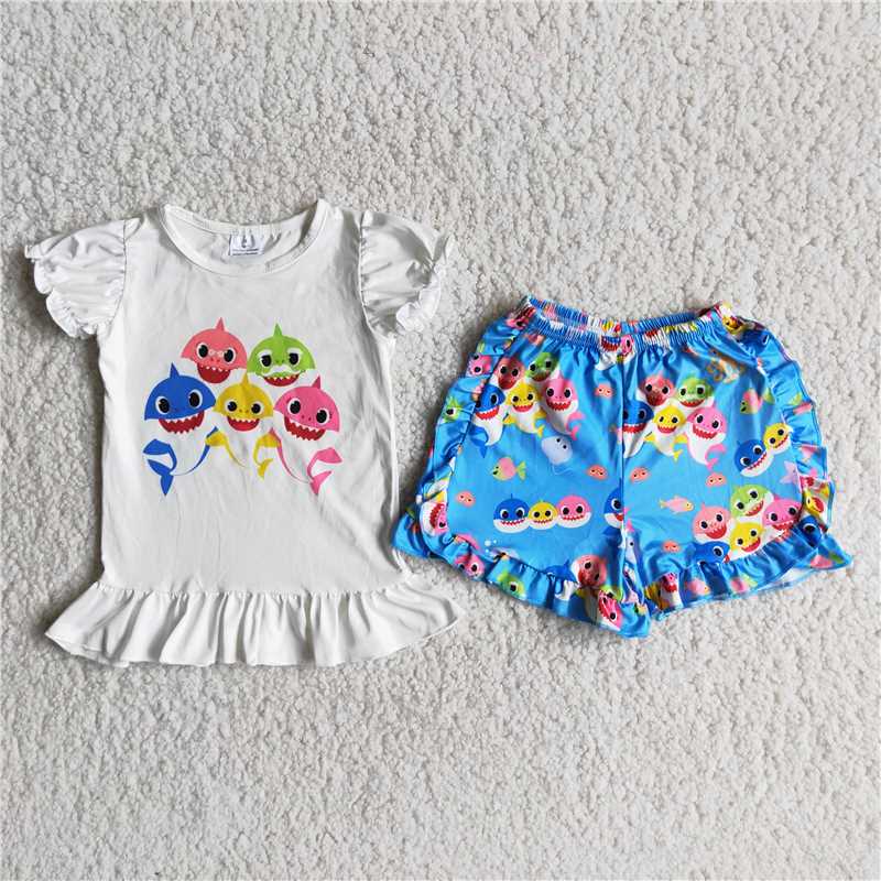 RTS New Arrived Baby girls summer shark short sleeve tee shirt children lovely kids boutique outfits fashion design sets